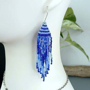Artisan Blue and White Beaded Fringe Cascade Shoulder Duster Dangle Earrings, 4"